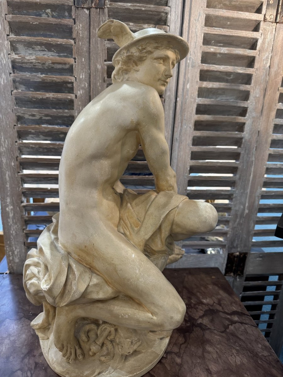 Antique Plaster Statue Of Mercury Tying His Heels Early 20th Century Plaster Louvre Museum-photo-8