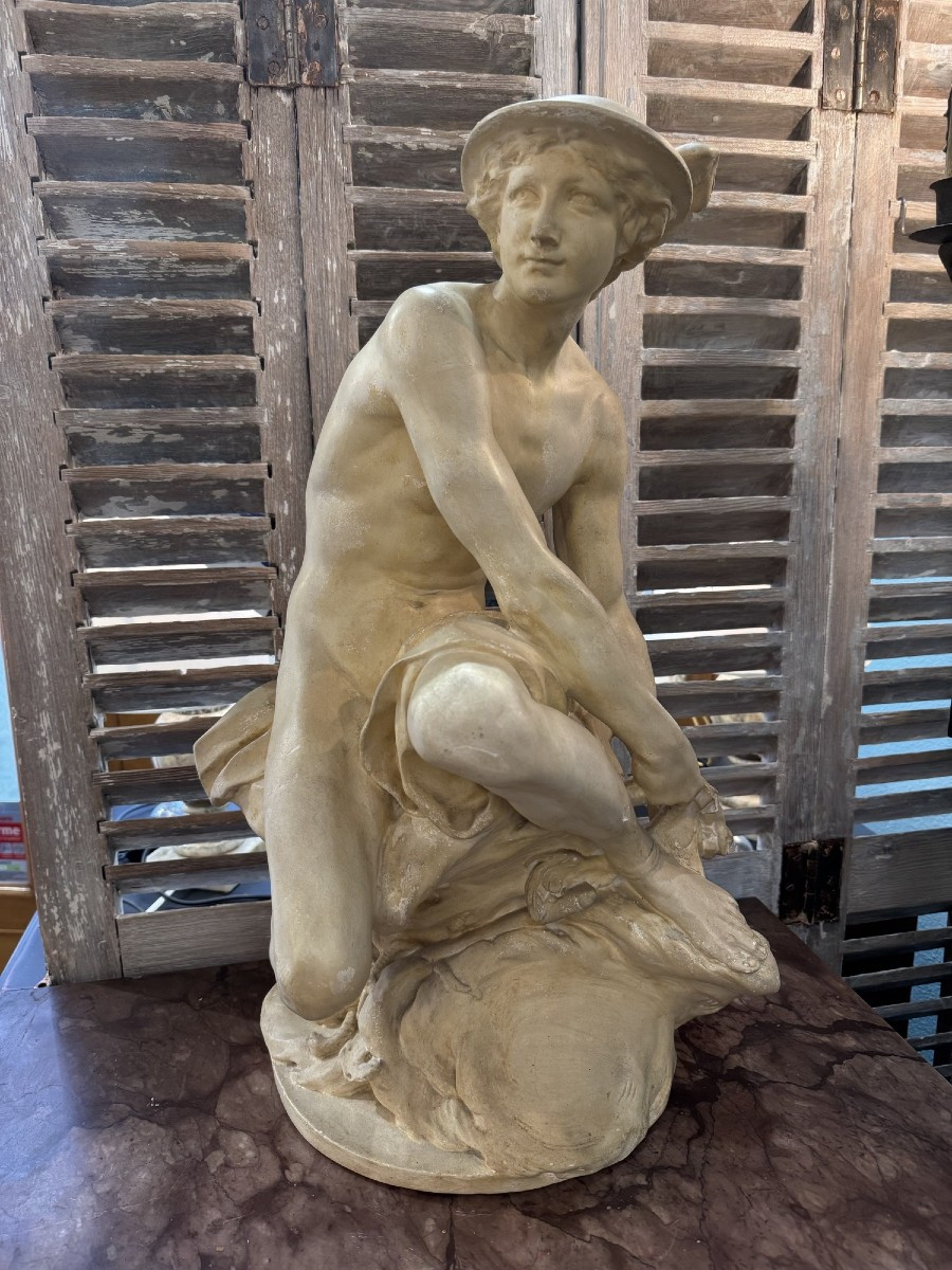 Ancienne Statue En Plâtre Mercure Attachant Ses Talonnières Debut  XX Eme Platre Musée Louvre