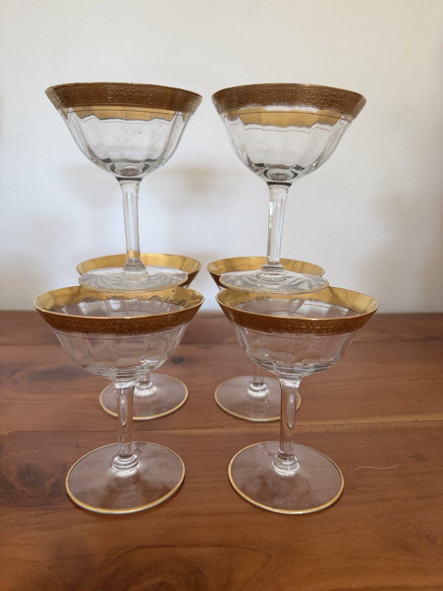 Ancien Service De Verres Tiffin Incrustation Or Milieu XX Eme Coupe Champagne Hollywood Regency-photo-5