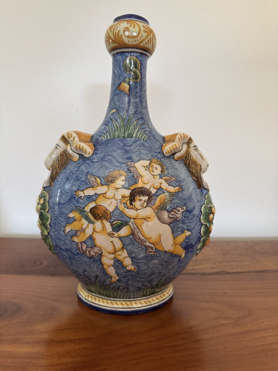 Ancienne Gourde En Faience De Nevers Par Montagnon Vers 1920 Faïence renaissance putti-photo-1