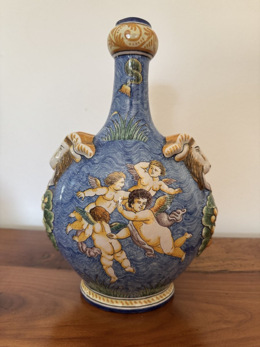 Ancienne Gourde En Faience De Nevers Par Montagnon Vers 1920 Faïence renaissance putti-photo-2