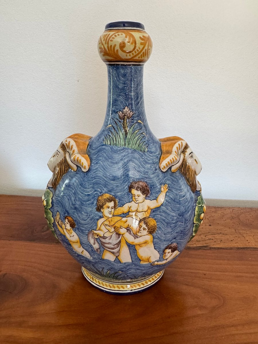 Ancienne Gourde En Faience De Nevers Par Montagnon Vers 1920 Faïence renaissance putti-photo-4