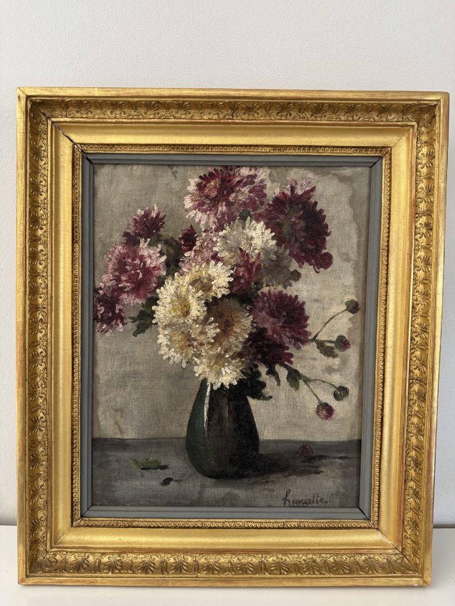 Ancien Tableau Huile Sur Toile Hst Nature Morte Fin XIX Eme : Le Bouqet De Chrysanthèmes -photo-3