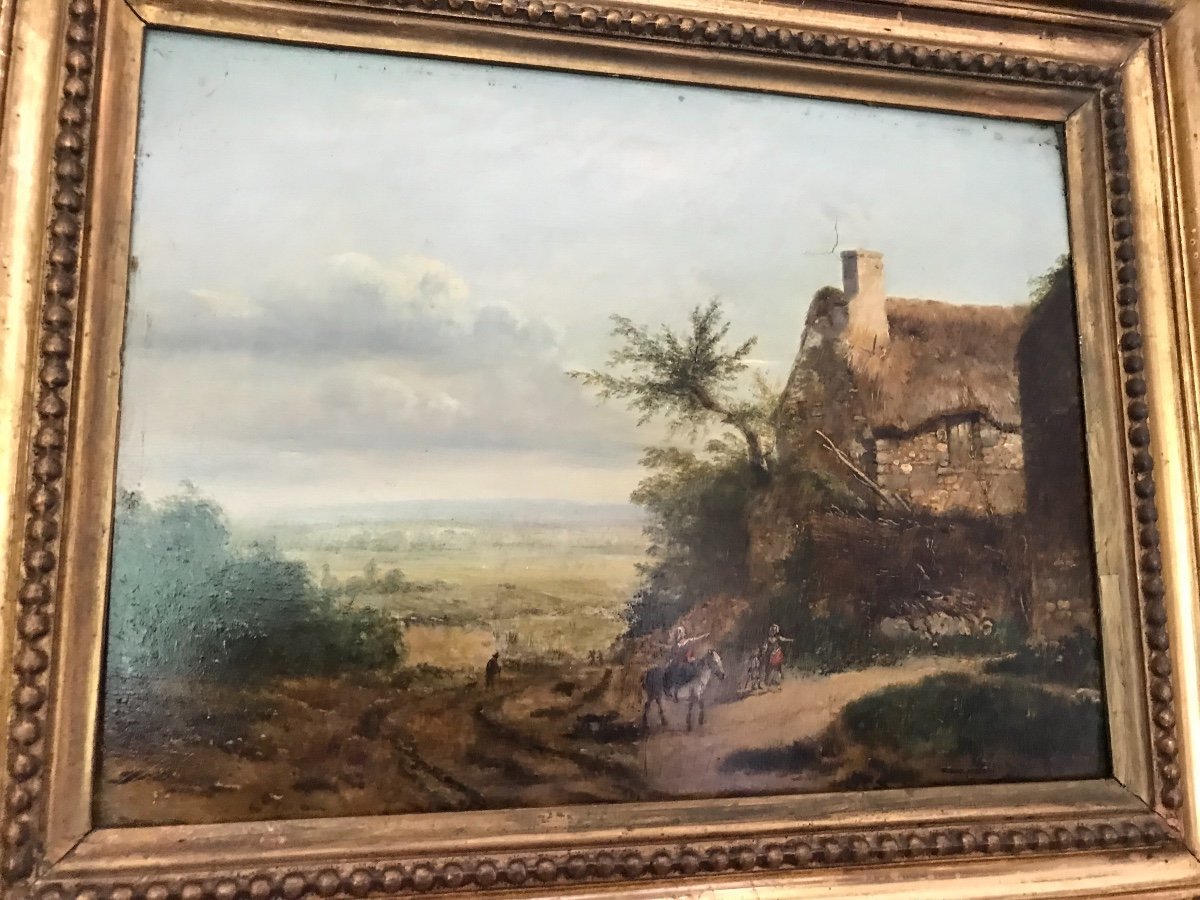 Tableau Ancien Huile Sur Panneau Hsp  Milieu Du XIX ème Siècle : La Chaumière Au Bord De Route -photo-1