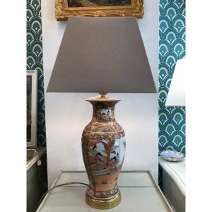 Old Japanese Porcelain Lamp In The Spirit Of Satsuma Canton Brass Frame Late XIX