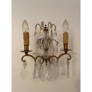 Pair Of Wall Sconces With Pampille And Pendants Early XX Eme In Crystal And Gilt Bronze
