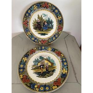 2 Plates In Fine Earthenware Creil And Montereau Polychrome XIXth Century