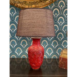 Old Small Lamp In Red Cinnabar Lacquer, China Early XX Eme Asia, Lighting