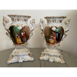 Old Pair Of Paris Porcelain Vases Restoration Period XIX Eme Old Vase