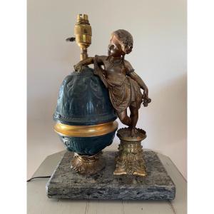 Old And Large Bronze And Marble Lamp, Empire Style, XIX Eme Century Putti Putto