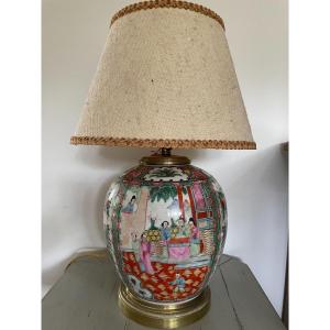 Large Antique Chinese Canton Porcelain Lamp, Early 20th Century Famille Rose Period
