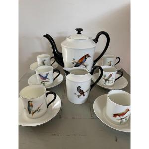 Old Coffee Service In Limoges Porcelain By Le Chambrelain Decor With Birds XX Th