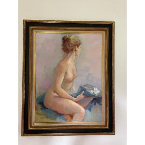 J. Tollet-loëb Female Nude Portrait Painting Oil On Canvas XX Eme Hst