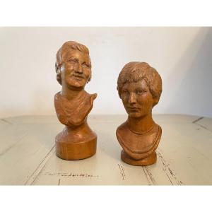 Pair Of Small Busts In Carved Wood, Late 19th Century Early 20th Century Curiosity Showcase