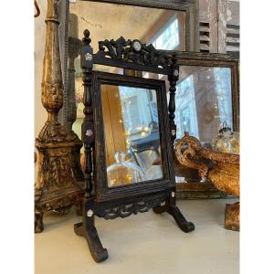 Antique And Pretty Small Table Mirror Or Psyche Blackened Wood Inlaid Late 19th Century Psyche Mother-of-pearl