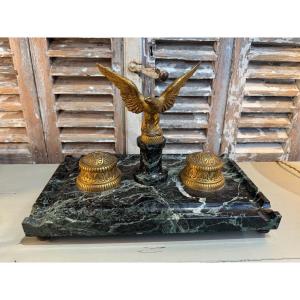 Old Inkwell With Empire Style Eagle Decor In Bronze And Napoleon Sea Green Marble