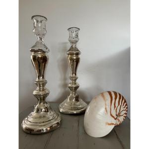 Old Pair Of églomisé Glass Candlesticks Early 19th Century Good Condition