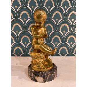 Antique Small Gilt Bronze Statue In Putto, Cherub On Marble Base Late 19th Century Putti 