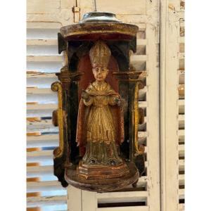 Rare Niche Ancienne Avec Son évêque En Bois Doré Et Polychrome Art Sacré Fin XVII Siècle