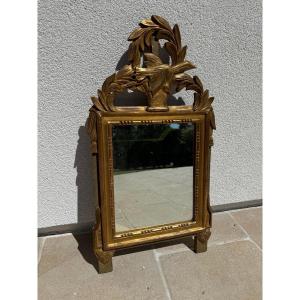 Ancien Petit Miroir à Fronton Louis XVI d'époque XIX Eme En Patine Et Bois Doré