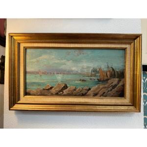 Ancienne Tableau Marine Huile Sur Bois Fin XIX Eme Hsp 