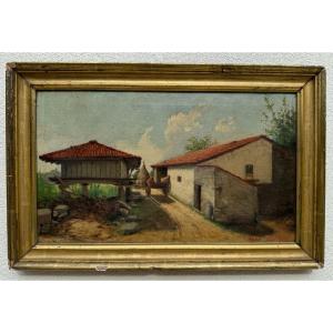 Old Small Oil Painting On Canvas Lyon A Farm 1885 Part S Leclercq Hst XIX