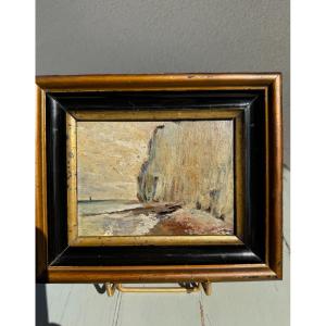 Old Small Marine Painting Oil On Panel Hsp: La Falaise, Norman School End Of The 19th Century