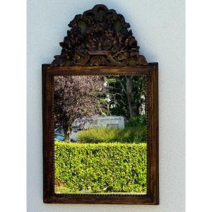 Antique And Large Louis XVI Mirror End Of The 18th Century With Pediment Floral Decor With Green Patina 18th Century