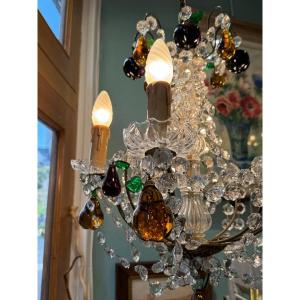 Antique Chandelier With Tassels And Apple Pear Crystal Pendants Early 20th Century Murano Italian Italy