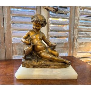 Old Sculpture Statue Old Bronze With Putto Putti By Abell Period XIX Eme In Antique Style