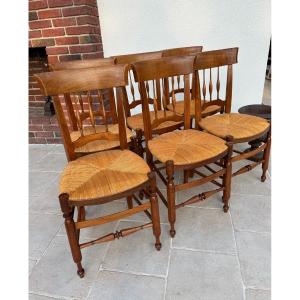 Set Of 6 Old Straw Chairs, 19th Century, Old Fruit Wood Chair 