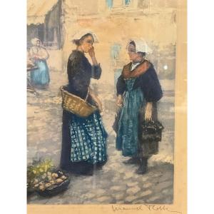 Old Aquatint Painting Breton Market By Manuel Robbe Early 20th Century Breton Marine