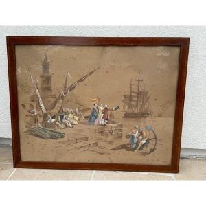 Old Large Print Enhanced With Gouache By De Marcillac 19th Century Possible Pair Of Paintings