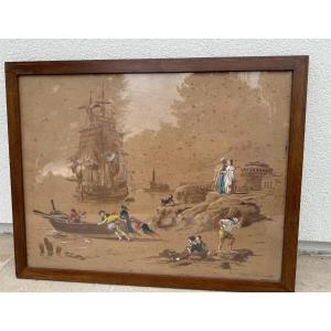 Old And Large Print Enhanced With Gouache By De Marcillac 19th Century Possible Pair 2