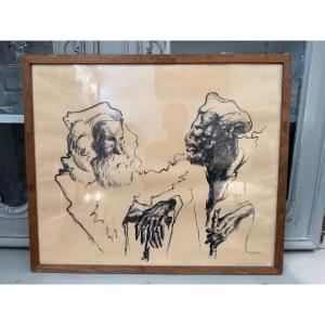 Ancienne Gravure Lithographie Orientaliste Du XX ème Par Ben Genaux Les Deux Marocains