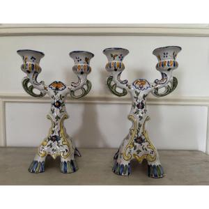 Old Pair Of Candlesticks In Martres Tolosane Earthenware Circa 1900 South West France Earthenware