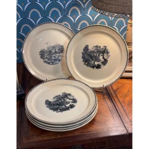 Set Of 6 Fine Earthenware Plates, Terre De Ferre Type, Bloch La Louviere, Circa 1900