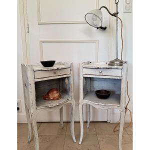 Antique Pair Of Bedside Tables In Patinated Oak, Early 20th Century 