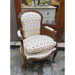 Old Armchair In Molded Beech, 19th Century, Louis XV Style, Reupholstered, Very Good Condition