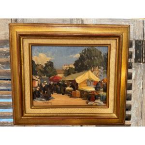 Ancien Tableau Huile Sur Panneau Par Suzanne Dechamps : Marché Breton école De Rouen Normandie