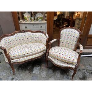 Lot Of Armchair And Sofa, Small Louis XV Bench, 19th Century, In Molded Beech