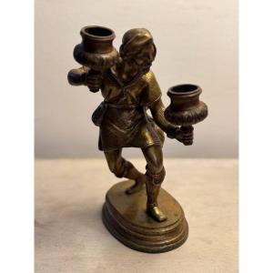 Antique Gothic Bronze Candlestick Sculpture Statue, 19th Century Renaissance Torch Holder