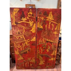 Old 19th Century Screen In Red And Gold Chinese Lacquer 2 Doors 