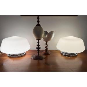 Antique Pair Of Opaline And Chrome Lamps / Ceiling Lights Circa 1930 Art Deco Table Lamp