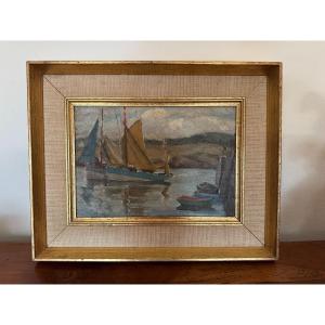 Ancien Tableau Marine , Milieu XX Eme Huile Sur Toile Marouflée Sur Carton Hst 