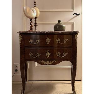 Old And Small Louis XV Style Chest Of Drawers, 19th Century, Marble And Bronze Marquetry 