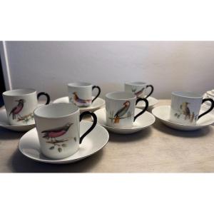 Antique Limoges Coffee Cup Set By Le Chambrelain Bird Decor 20th Century Porcelain