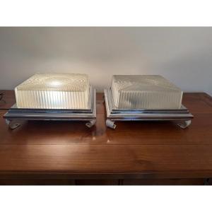 Pair Of Antique Holophane Ceiling Lights / Table Lamps Circa 1930 Bauhaus Square Art Deco Chrome 