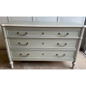 Old Louis XVI Style Chest Of Drawers With Grey Patina And White Retouching