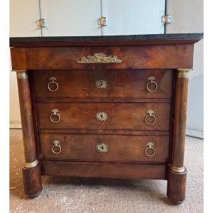 Old And Small Empire Chest Of Drawers, 19th Century, Mahogany, Marble And Quality Bronze